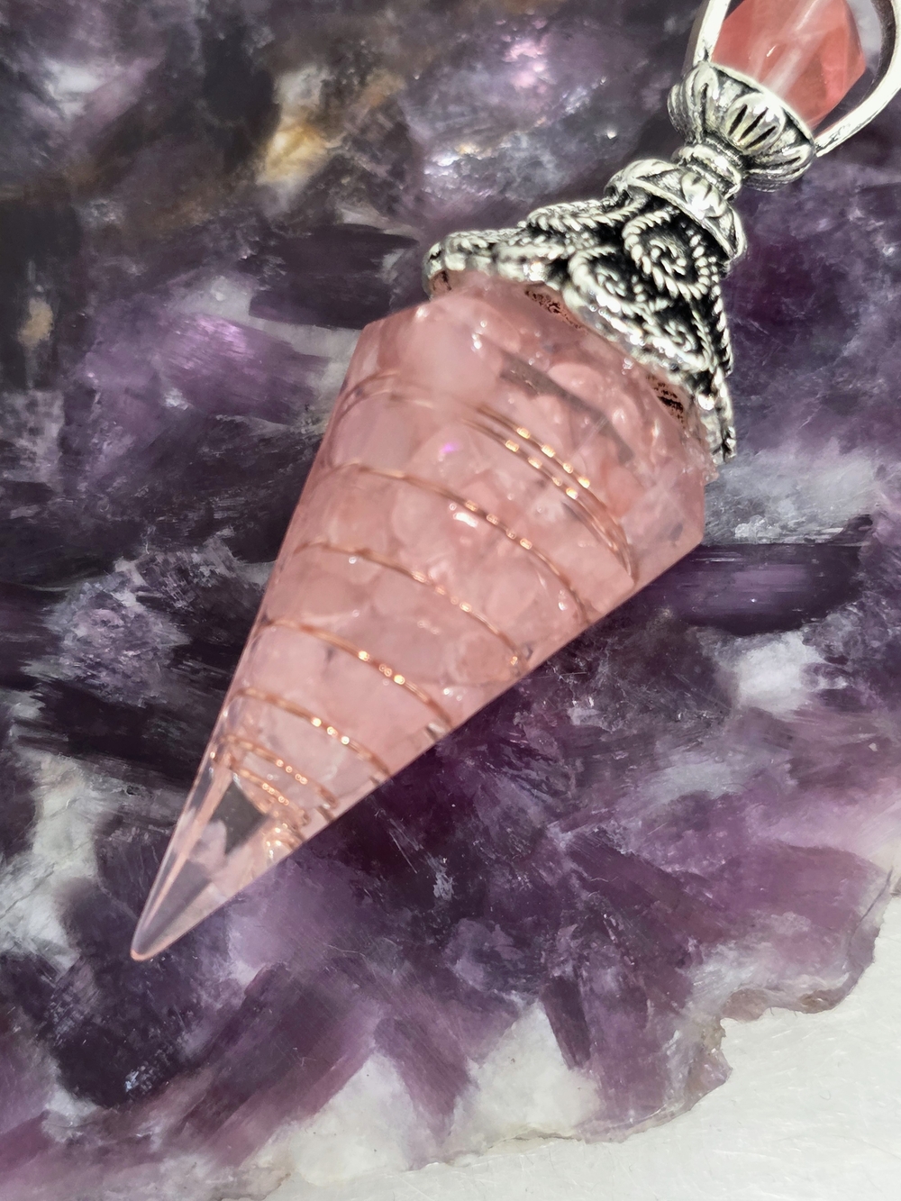 Rose Quartz Resin Pendulum Necklace with Chain | Crystal Pendulum | Reiki Tool | - Picture 4 of 9
